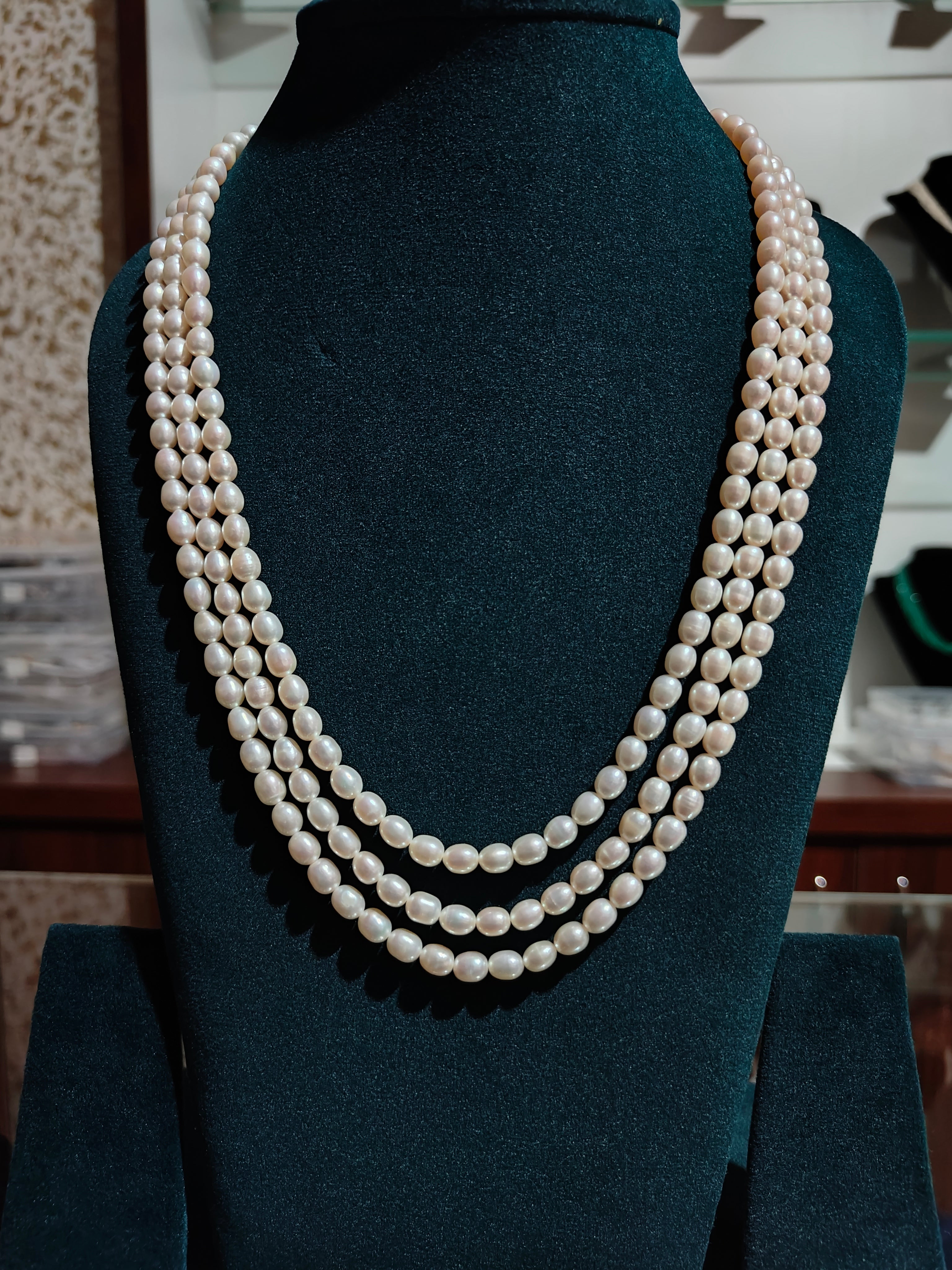 3 Lines White Oval Cultured Pearls 