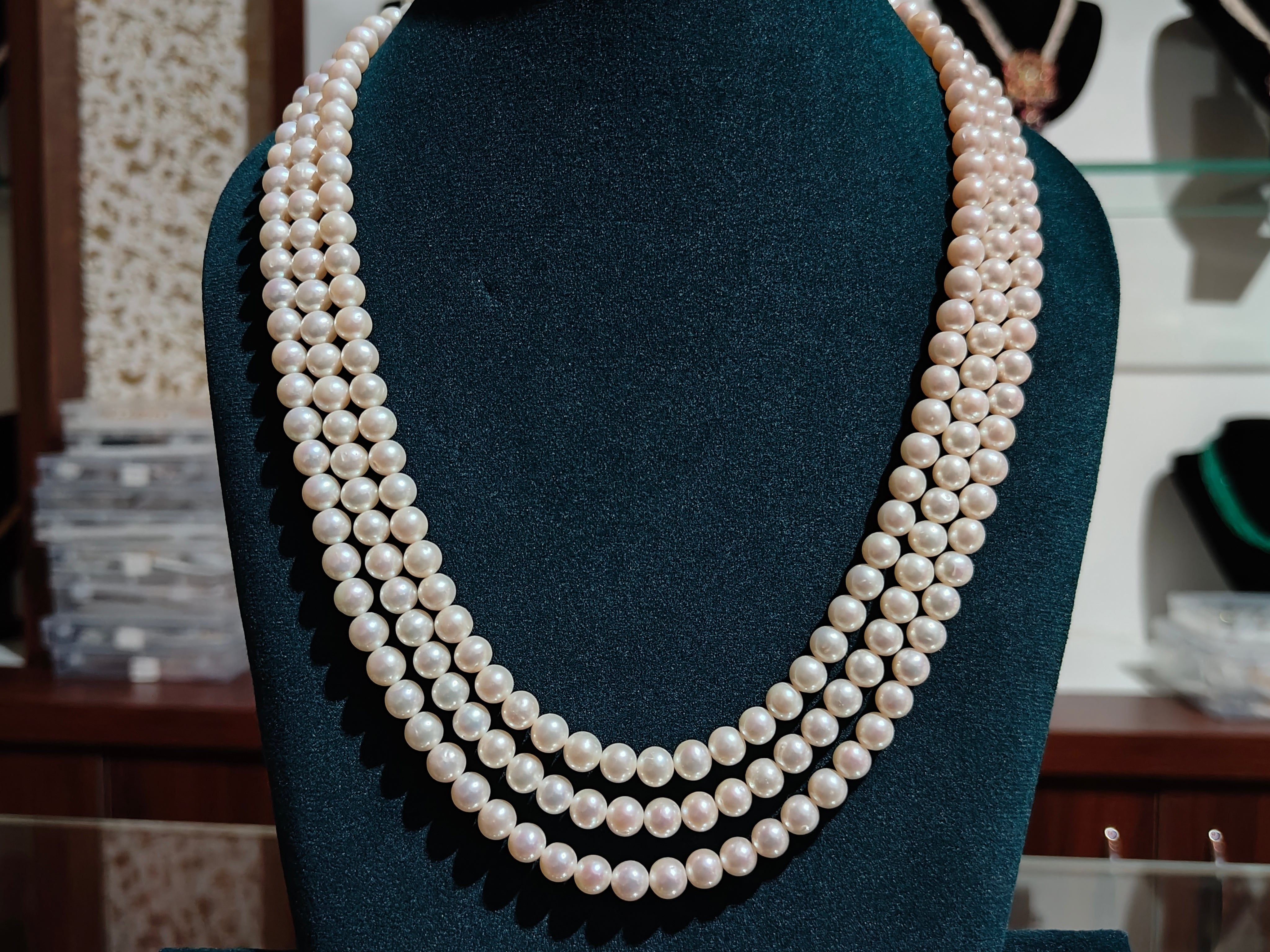3 Lines Round White Cultured Pearls Big 