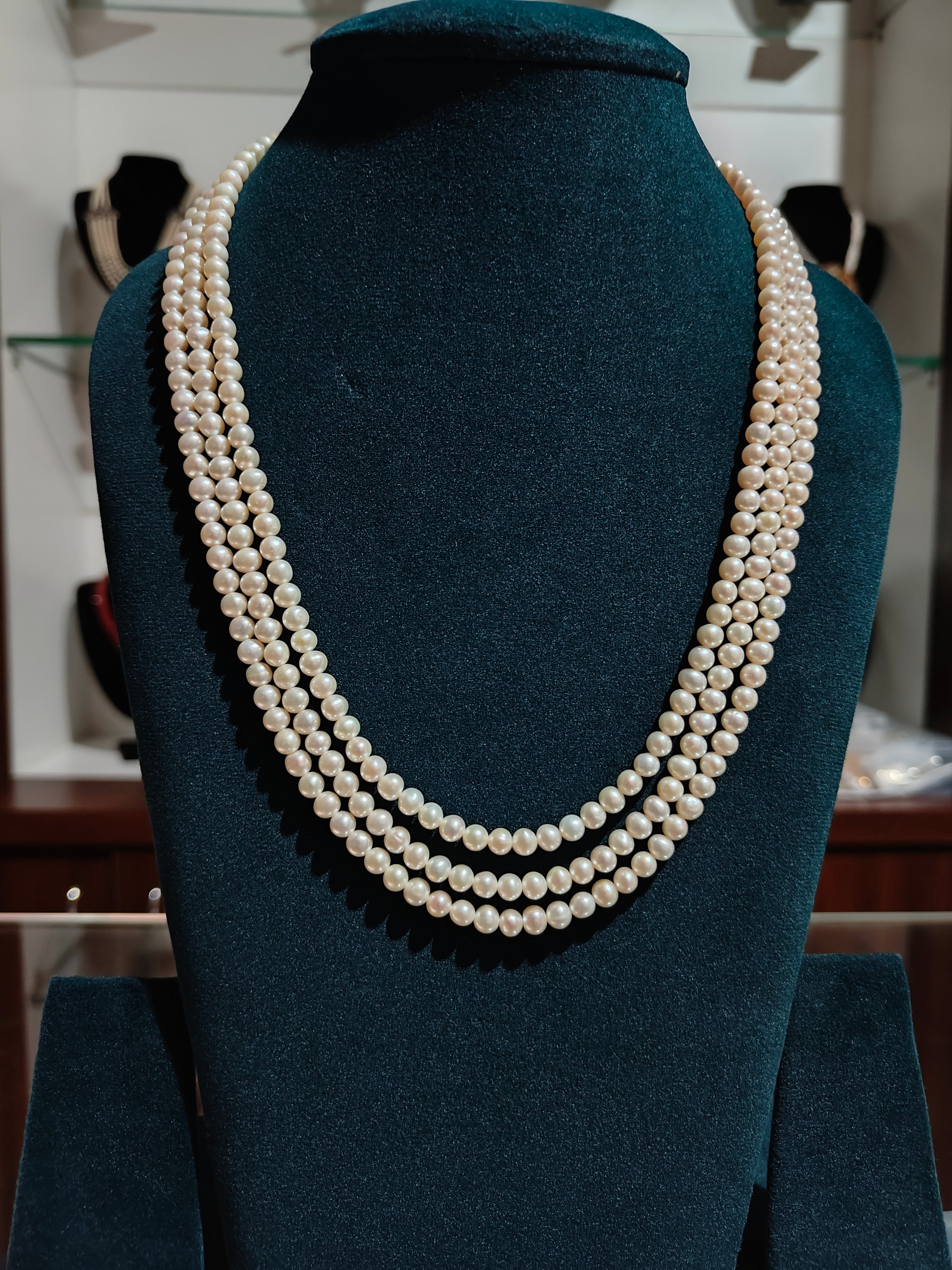 3 Lines Round White Cultured Pearls Small