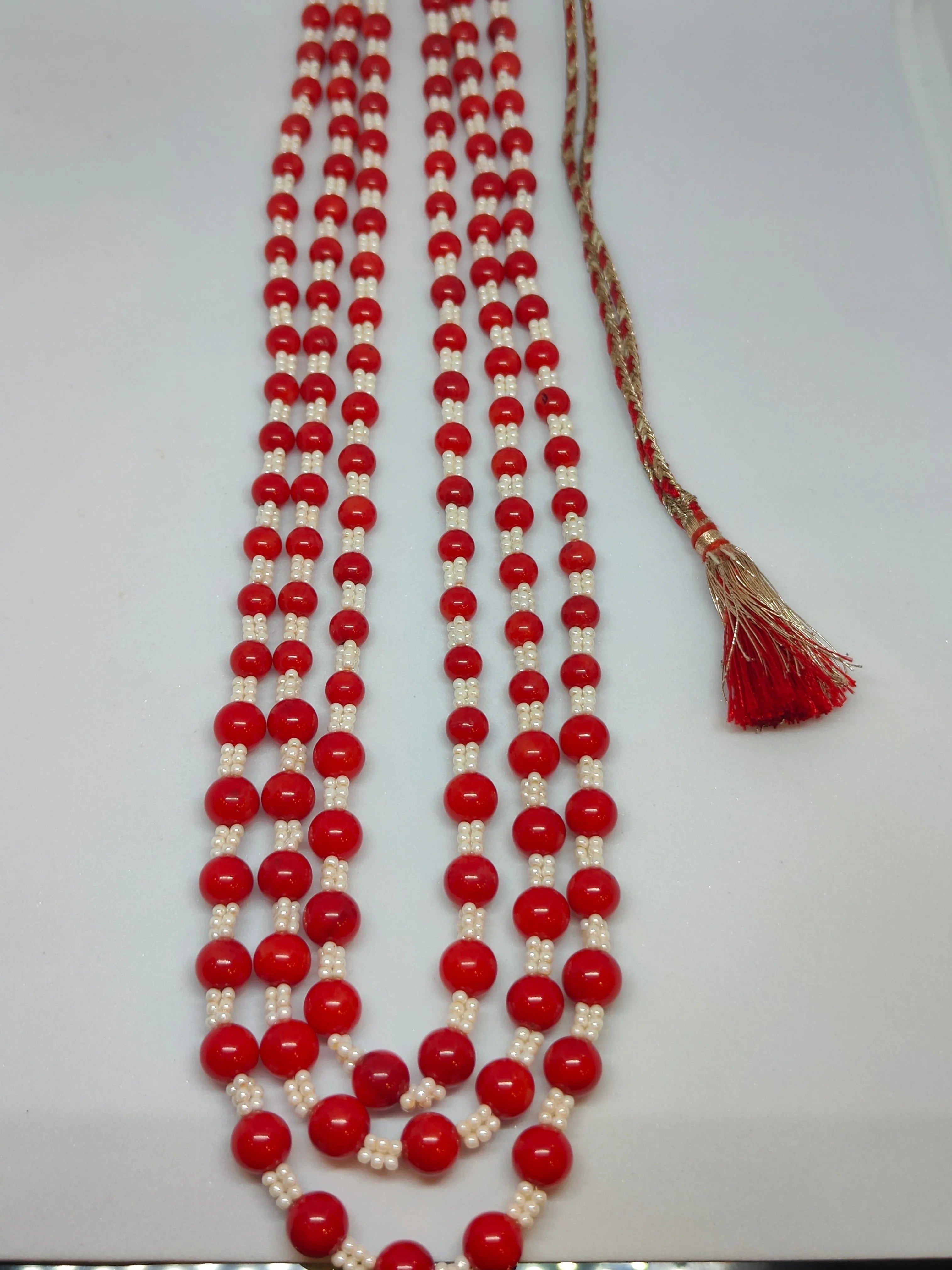 3 Lines Red Taiwan Coral Beads With Pearl 