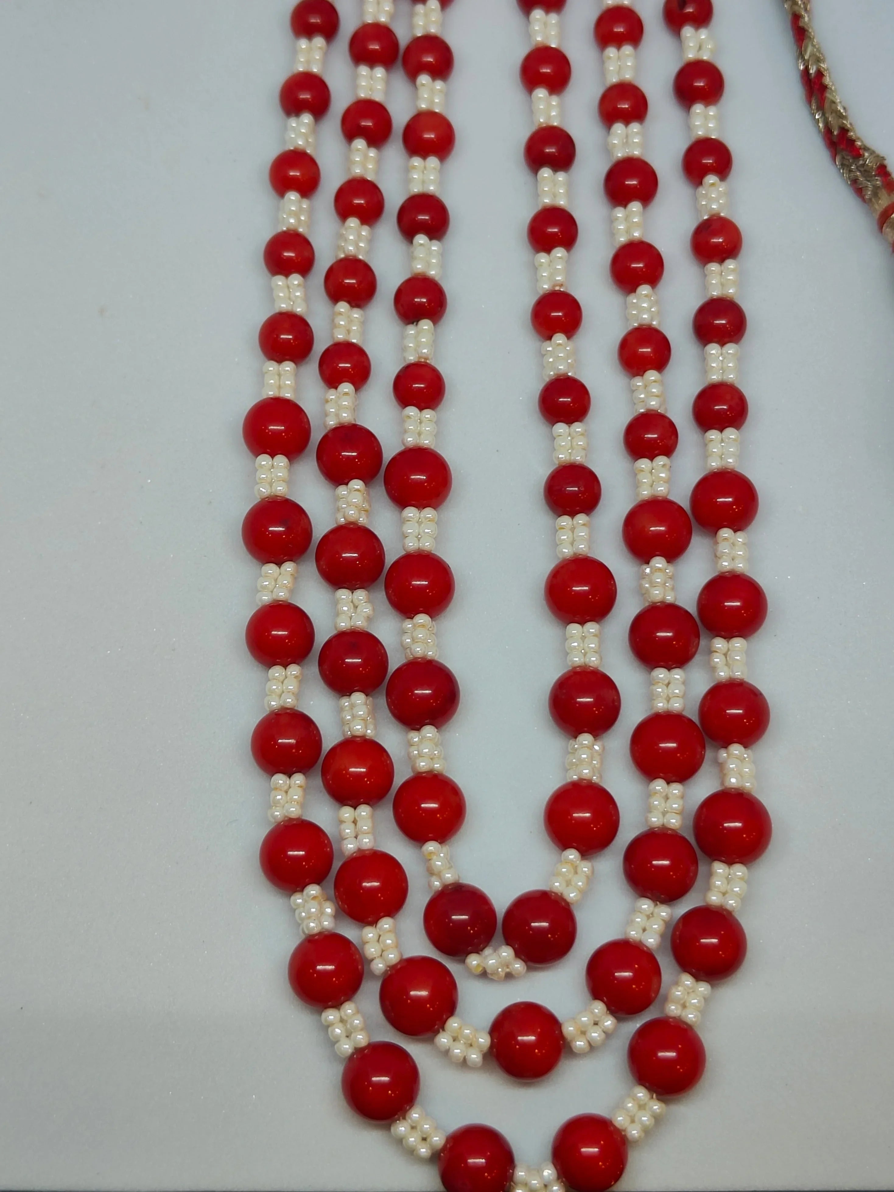 3 Lines Red Taiwan Coral Beads With Pearl  thumbnail 3