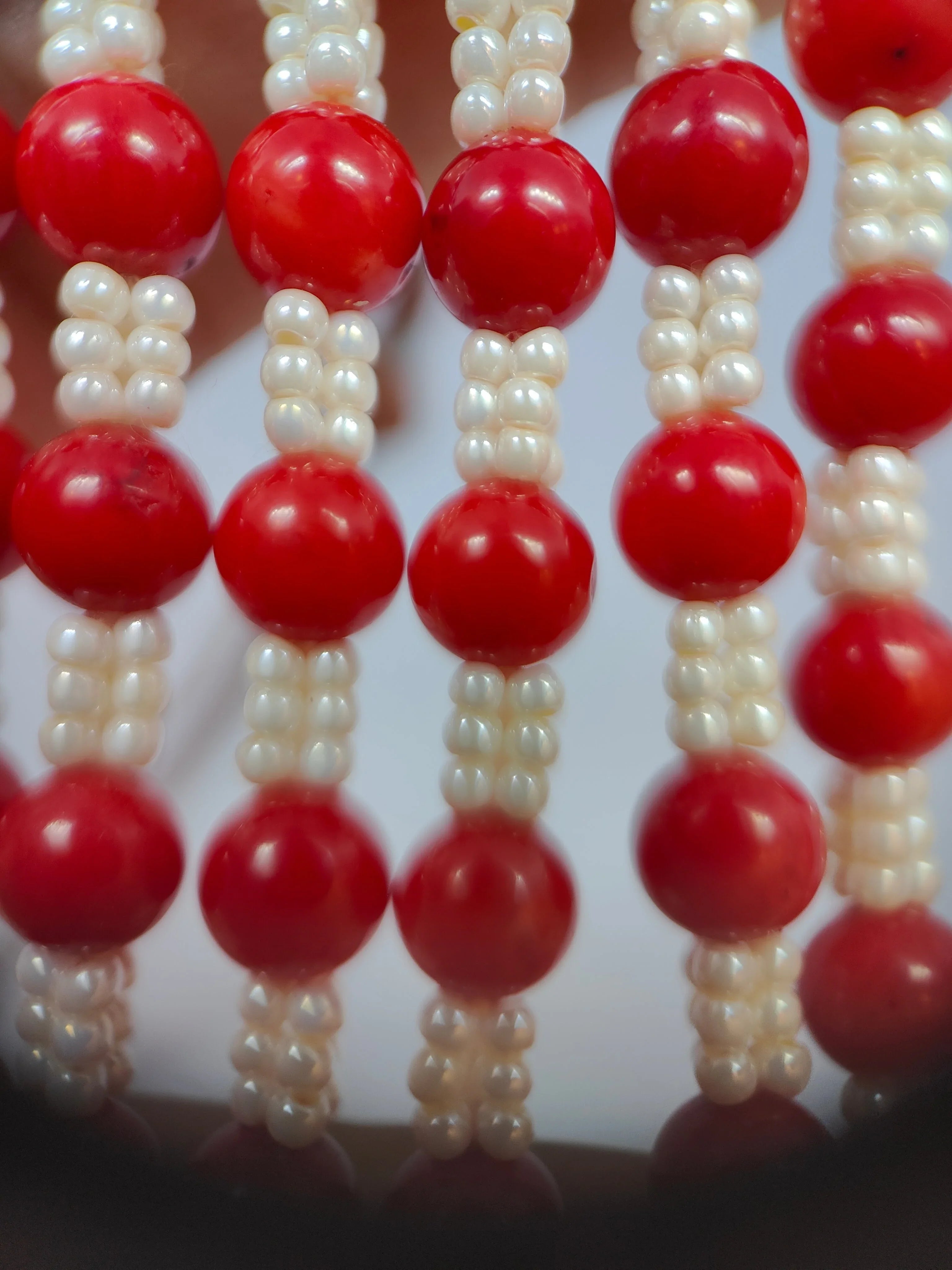3 Lines Red Taiwan Coral Beads With Pearl  thumbnail 4