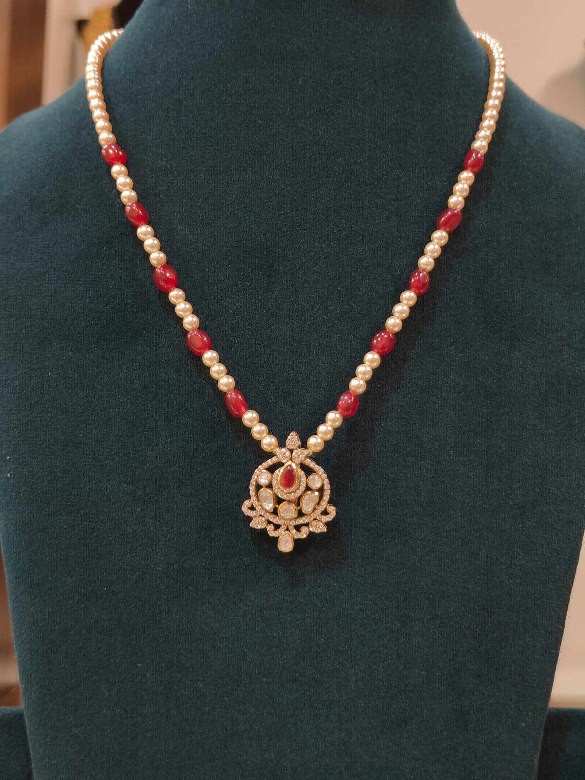 Victorian Pendant With Swarovski Pearls Red view 1