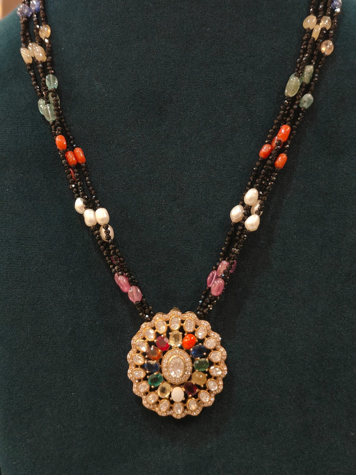 Victorian Round Navaratna Pendant With Black Beads view 1