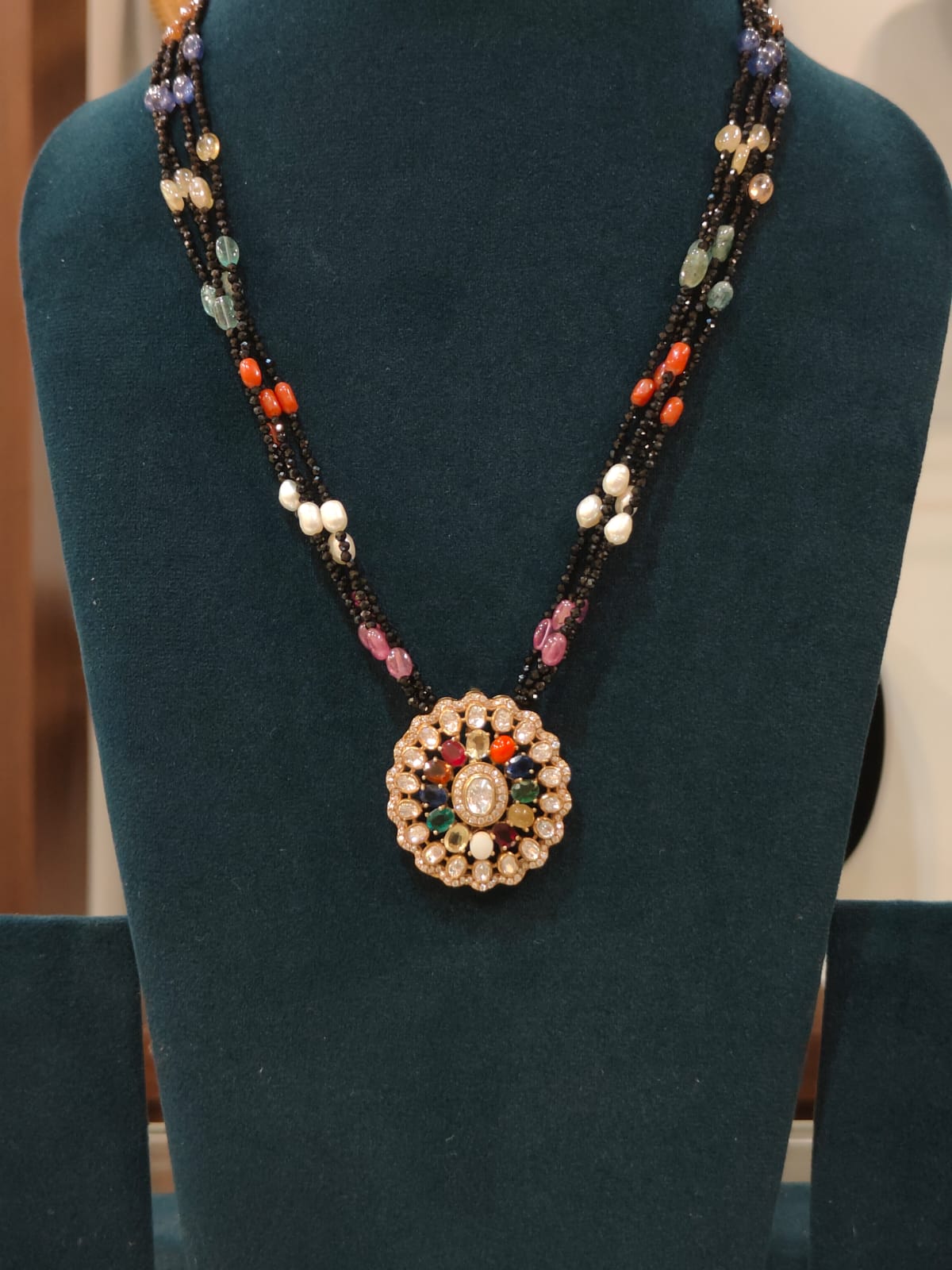 Victorian Round Navaratna Pendant With Black Beads thumbnail 2