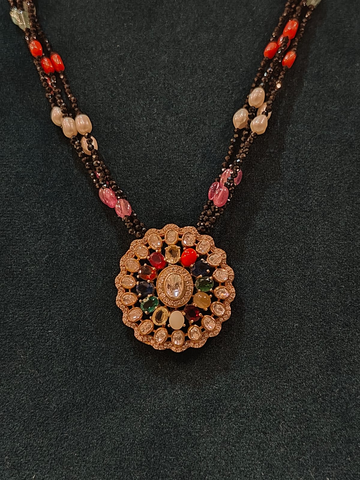Victorian Round Navaratna Pendant With Black Beads thumbnail 3