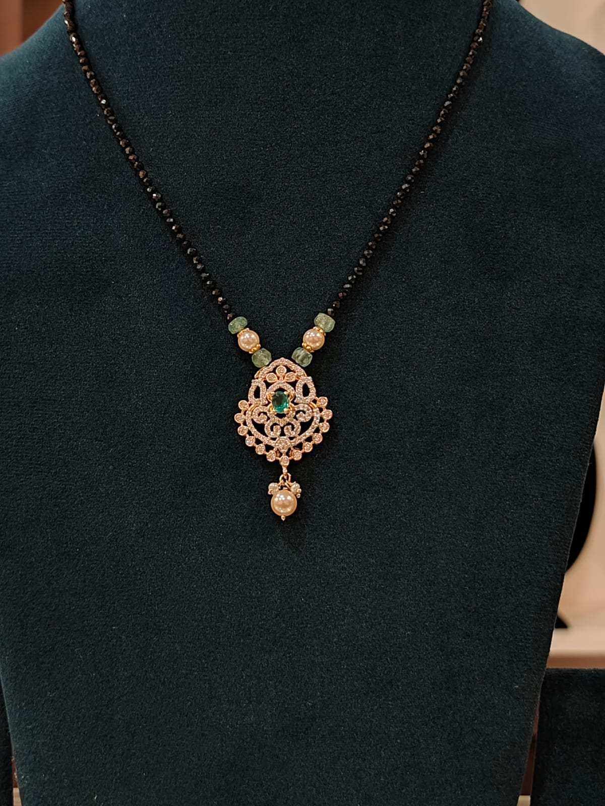 Cz Pendant With Black Beads Green view 1