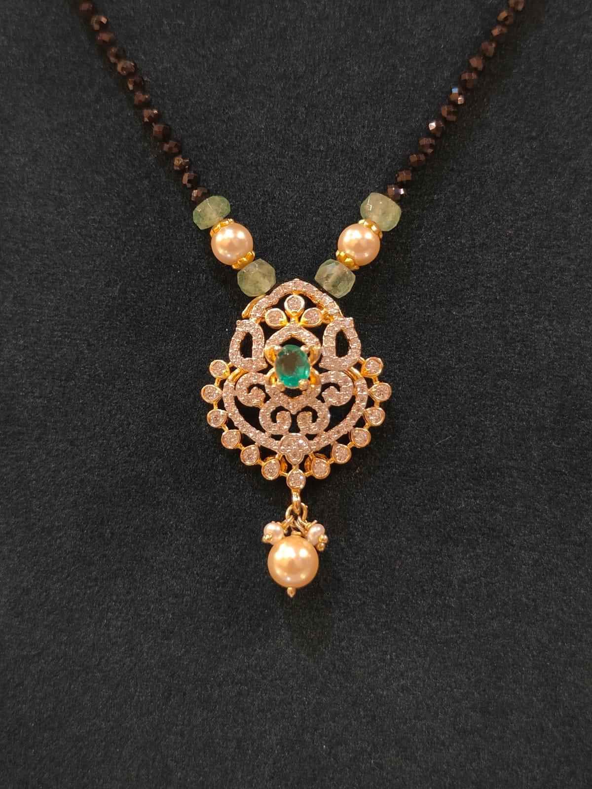 Cz Pendant With Black Beads Green  thumbnail 2