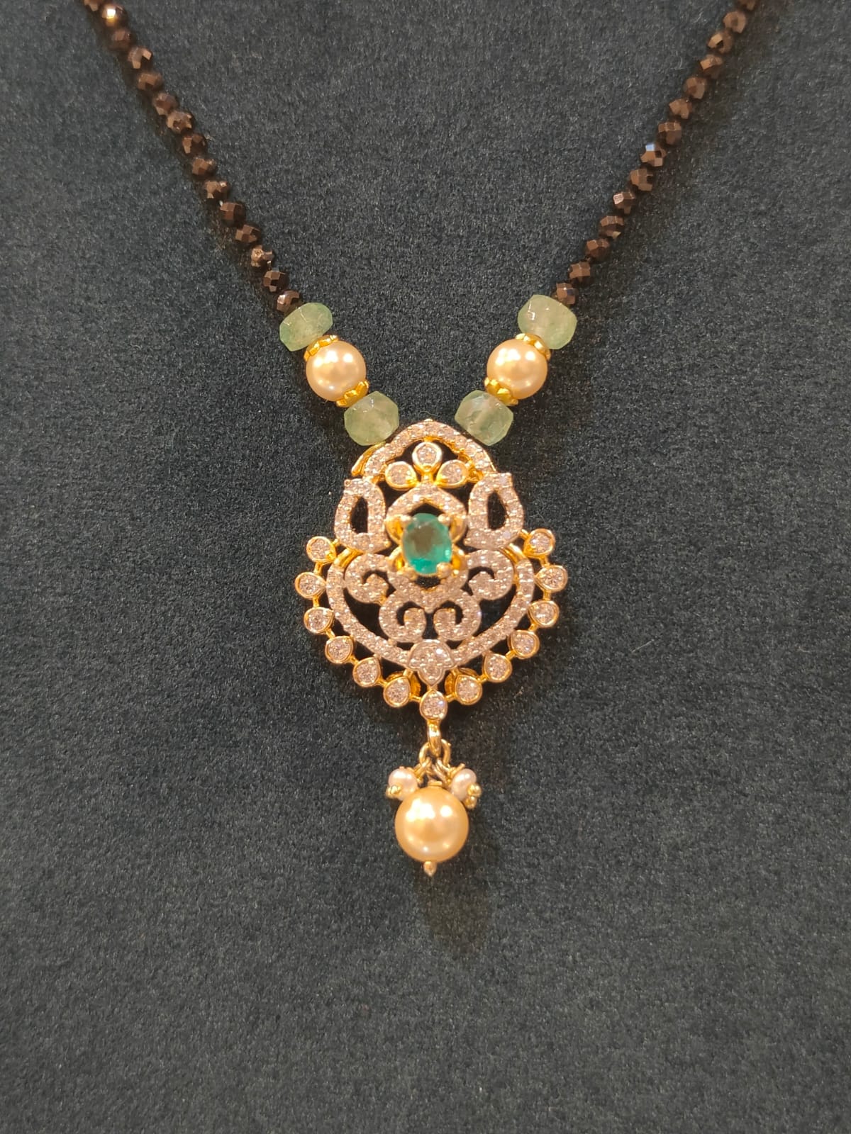 Cz Pendant With Black Beads Green  thumbnail 3