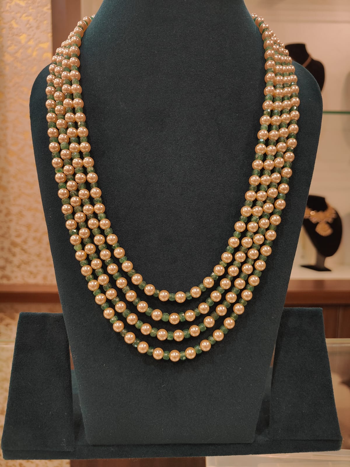 4 Lines Swarovski Pearls With Emerald Beads view 1