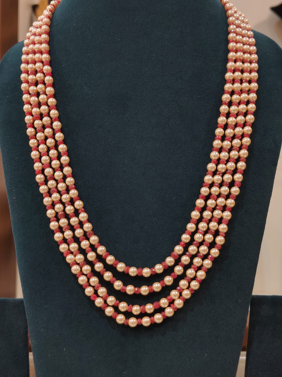 4 Lines Swarovski Pearls With Ruby Beads view 1