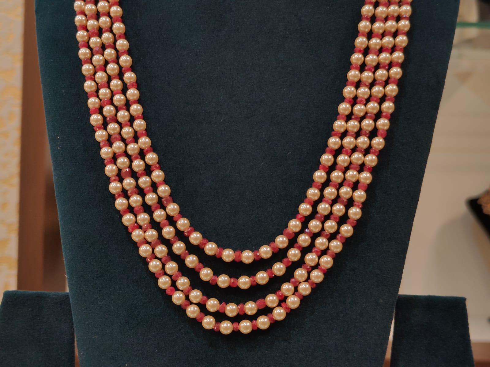 4 Lines Swarovski Pearls With Ruby Beads  thumbnail 2