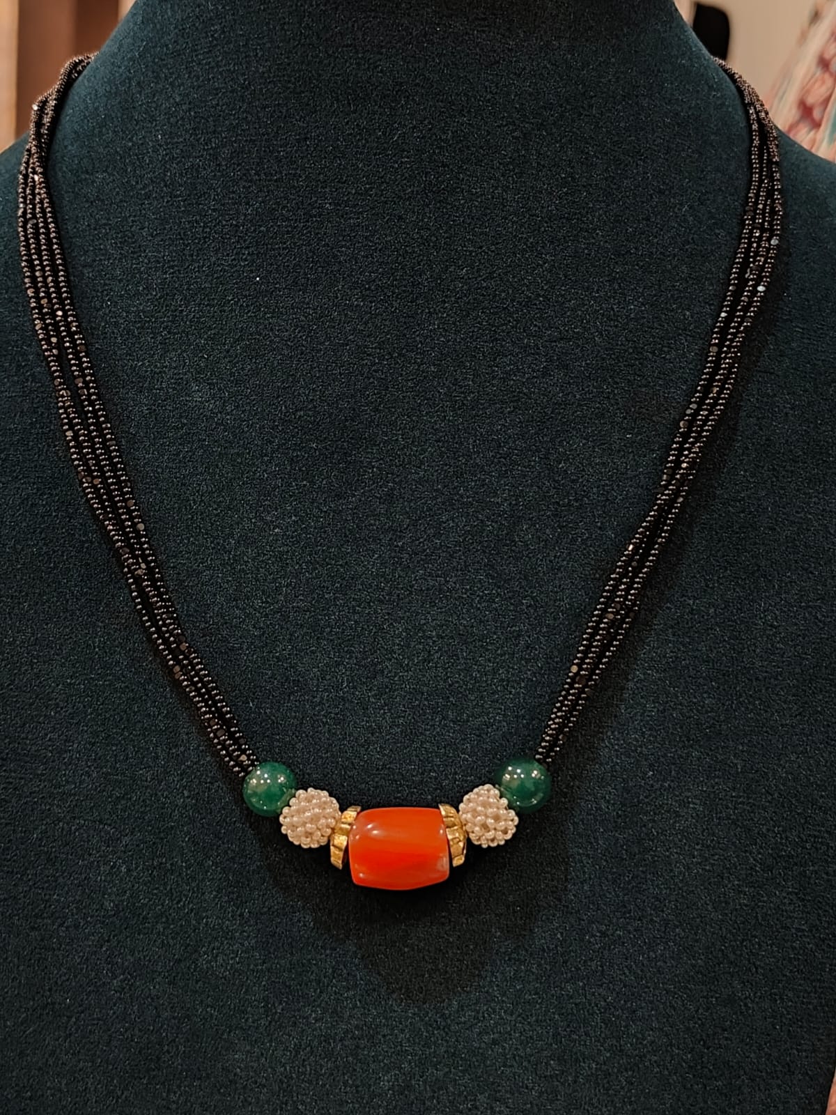 Black Beads With Coral Beads and Green Beads view 1