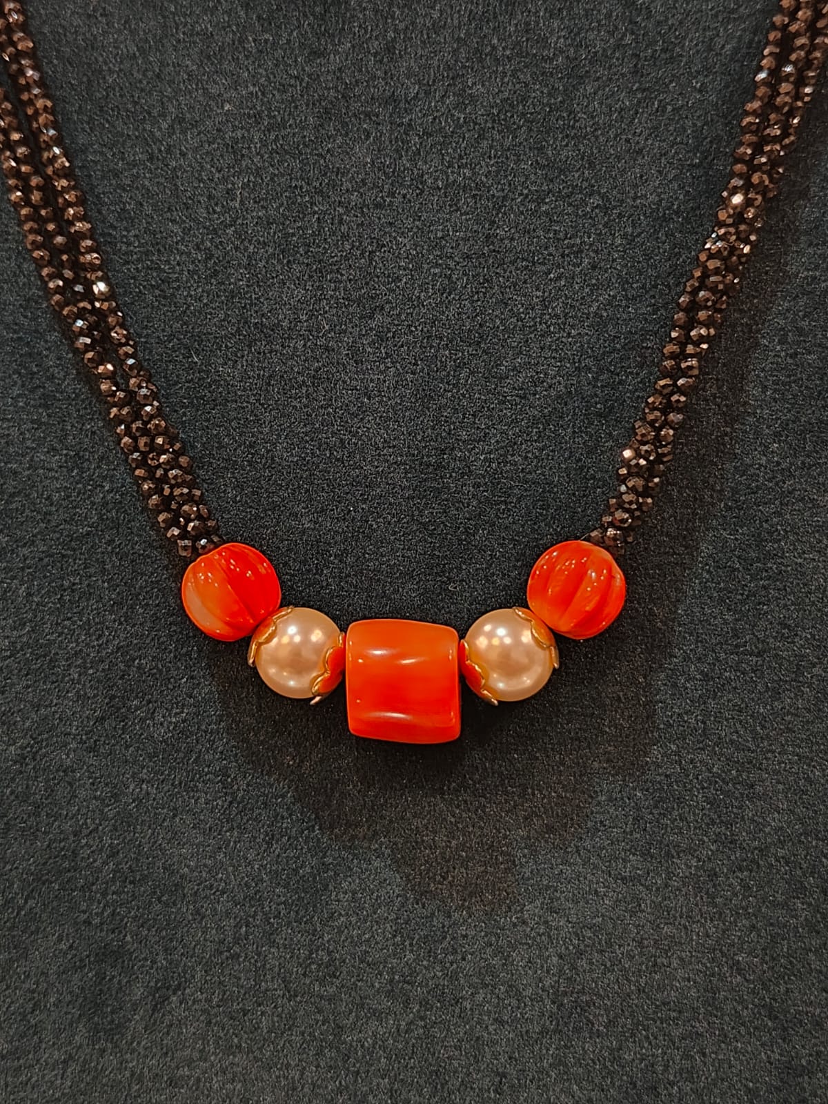 Black Beads With Coral Beads and Swarovski Pearls view 1