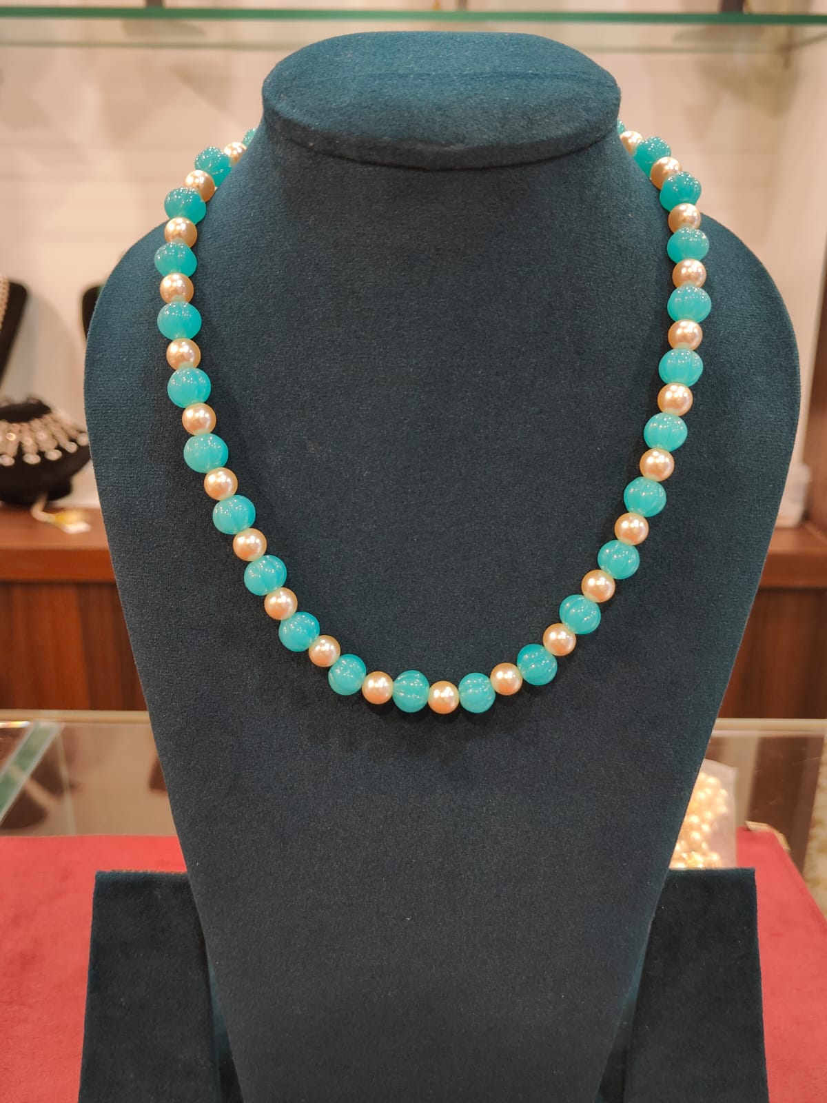Single Line Sky Blue Tarbuja Beads With Swarovski Pearls view 1