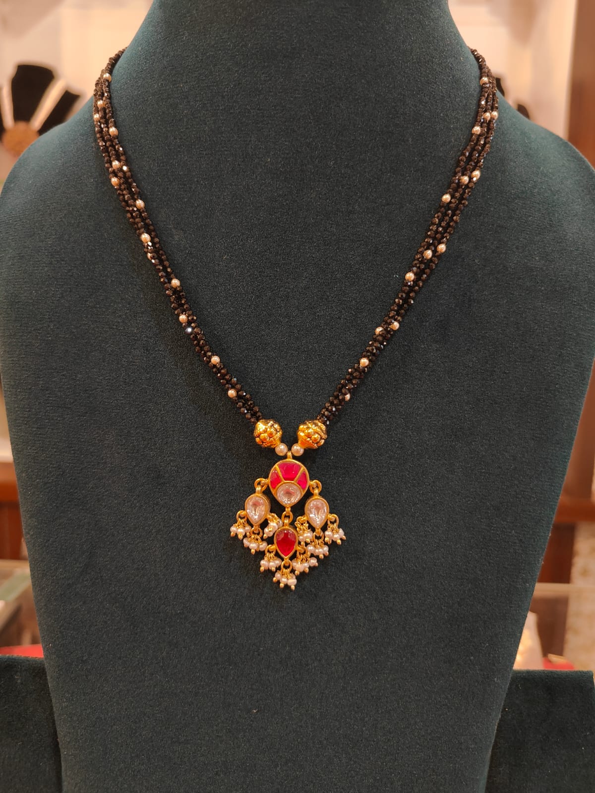 Kundan Pendant With Crystal Black Beads view 1