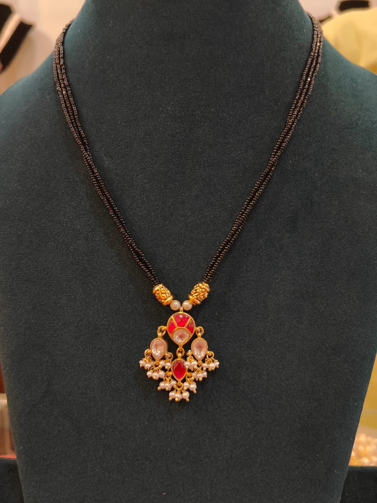 Black Beads With Kundan Pendant view 1