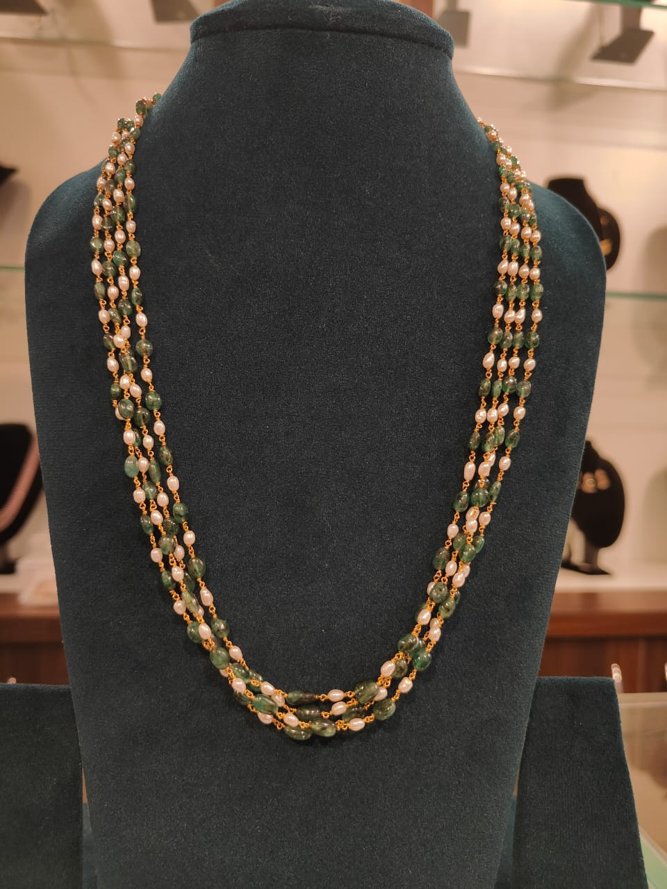 4 Lines Tharmala With Real Emerald Beads and Rice Pearls view 1