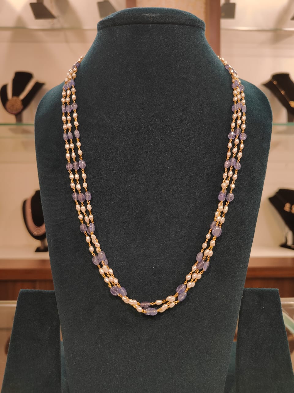 3 Lines Tharmala With Blue Sapphire and Rice Pearls view 1