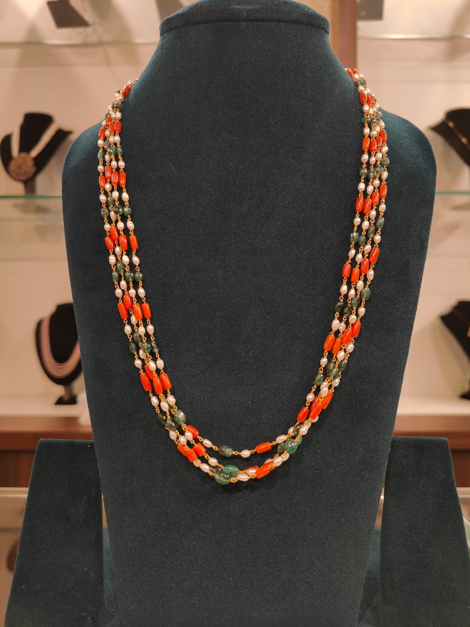 4 Lines Real Coral Beads, Rice Pearls and Emerald Beads view 1