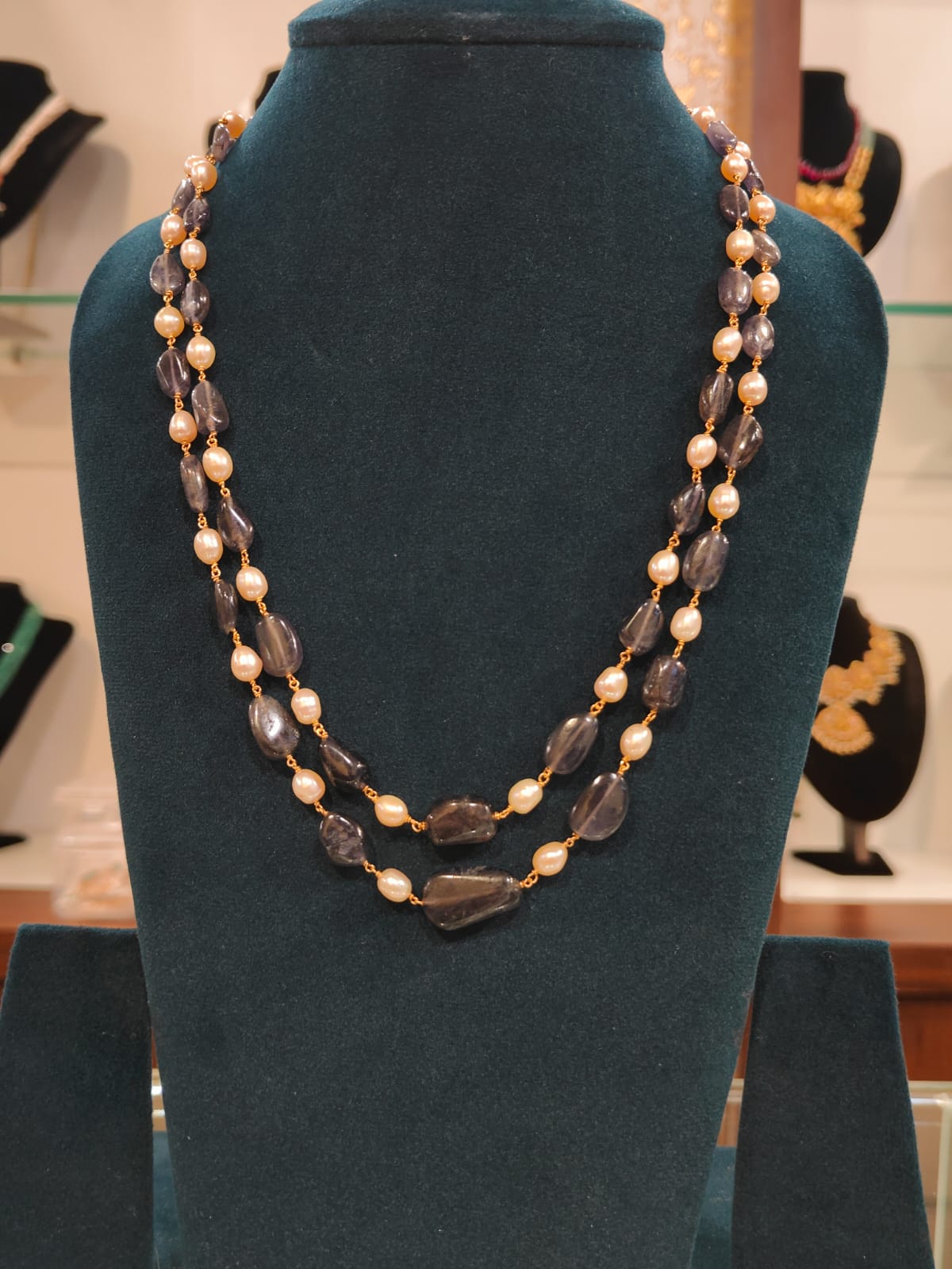 2 Lines Semi Precious Kaaki Neelam Beads With Cultured Oval Pink Pearl thumbnail 3