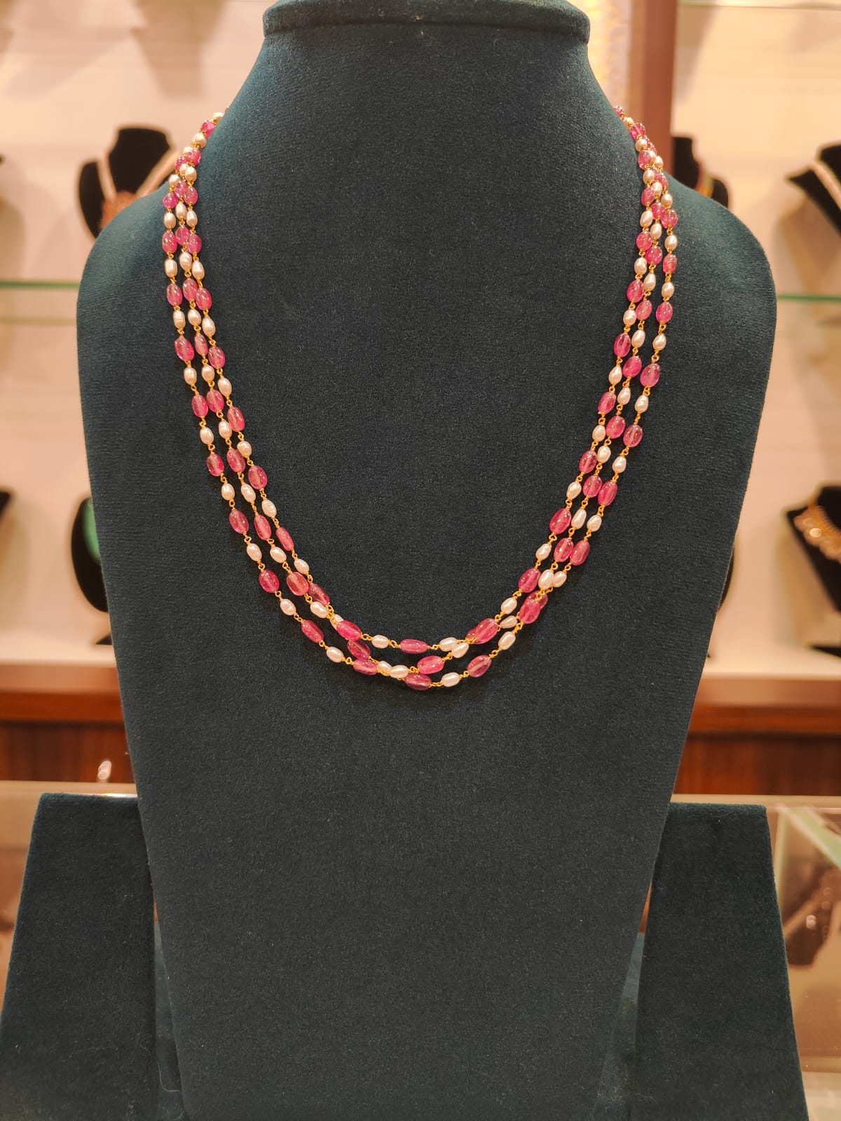 3 Lines Tharmala With Cultured Rice Pearls and Glass Filled Ruby Beads 
