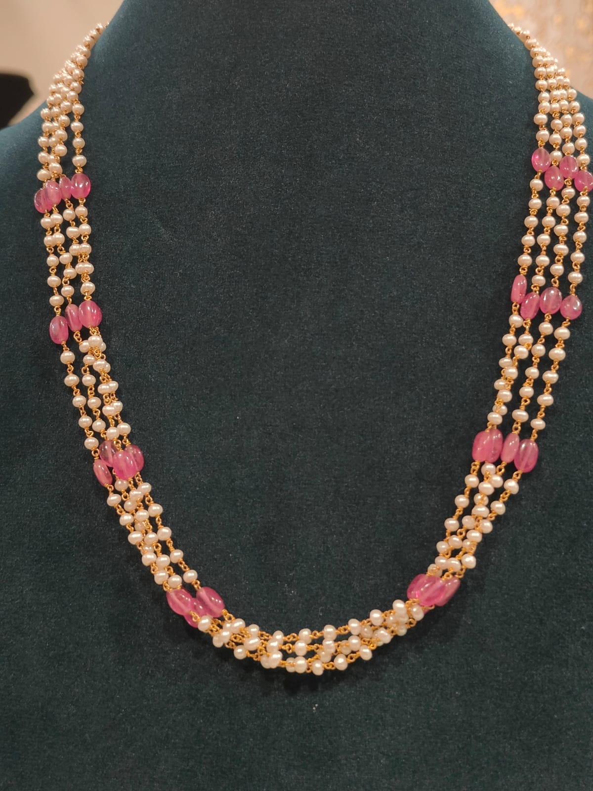 4 Lines Tharmala With Cultured Round Pearls and Glass Filled Ruby Beads 
