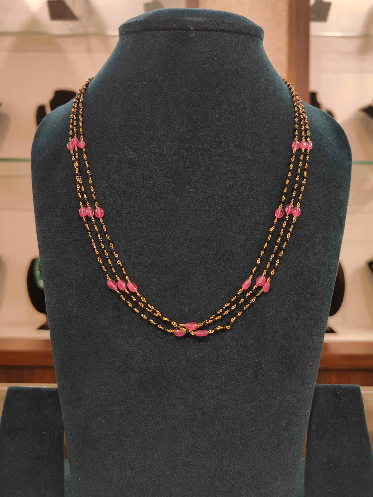 3 Lines Tharmala With Crystal Black Beads and Glass Filled Ruby Beads  thumbnail 3