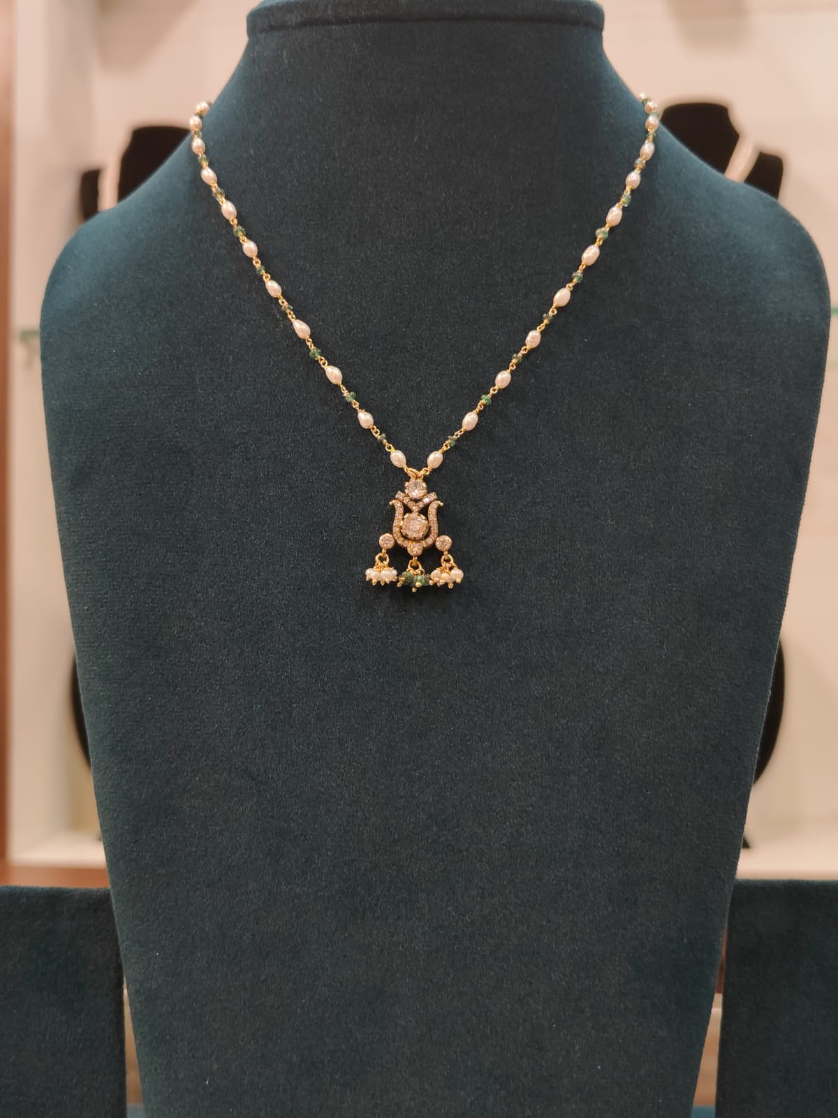 Victorian Pendant With Rice Pearls and Emerald Beads Tharmala view 1