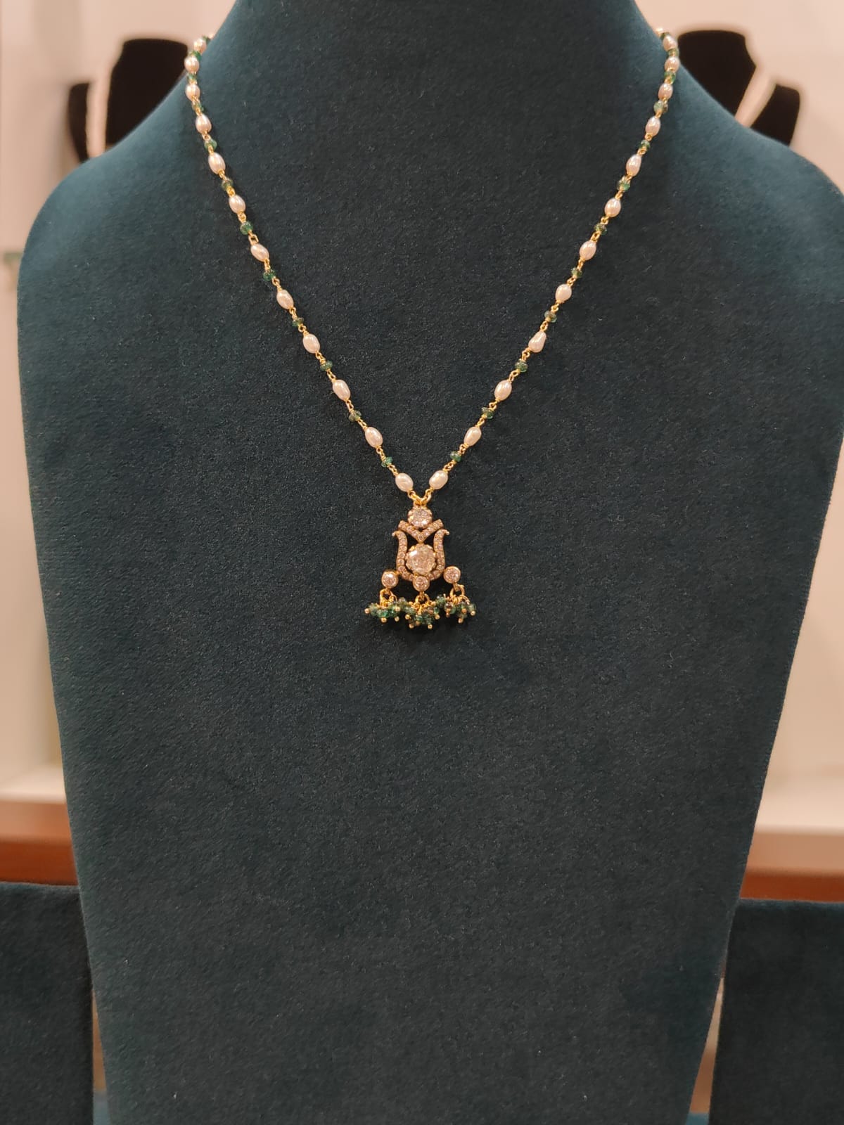 Victorian Pendant With Cultured Rice Pearls and Emerald Beads Tharmala view 1