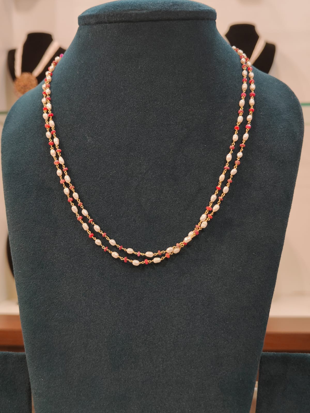 2 Lines Tharmala With Cultured Rice Pearls and Ruby Beads view 1