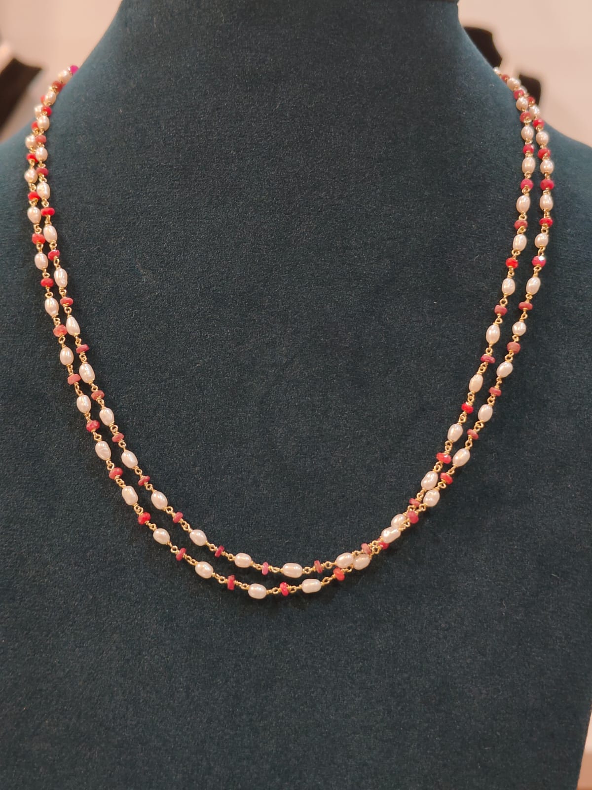 2 Lines Tharmala With Cultured Rice Pearls and Ruby Beads  thumbnail 2