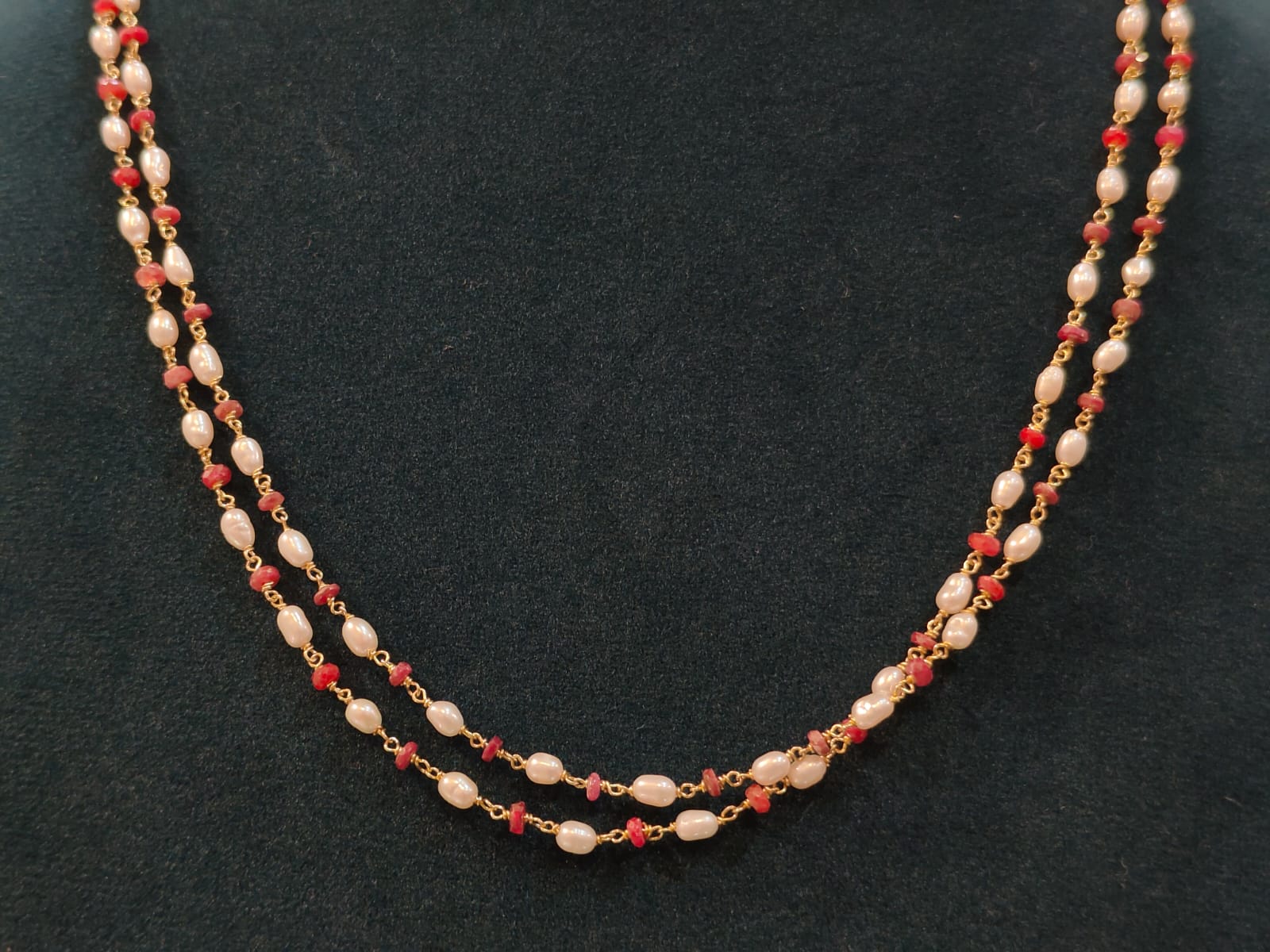 2 Lines Tharmala With Cultured Rice Pearls and Ruby Beads  thumbnail 3