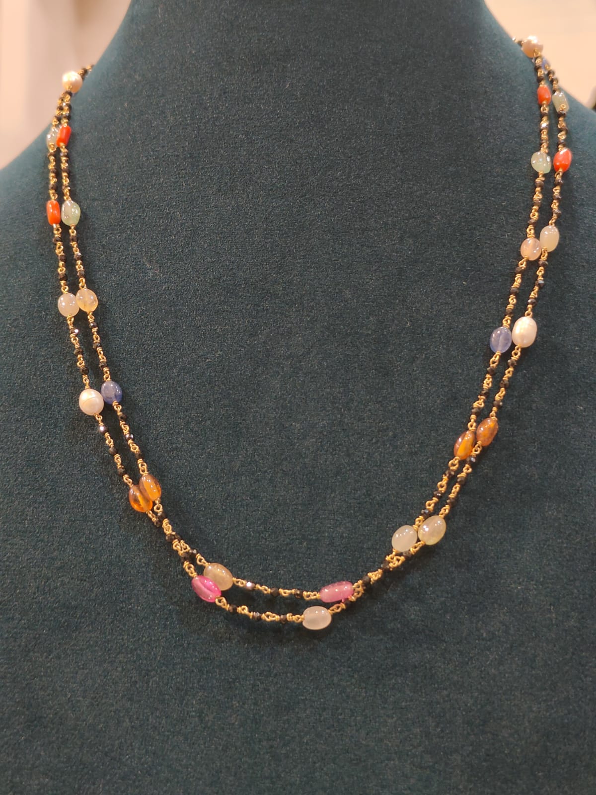 2 Lines Navaratna and Black Beads 