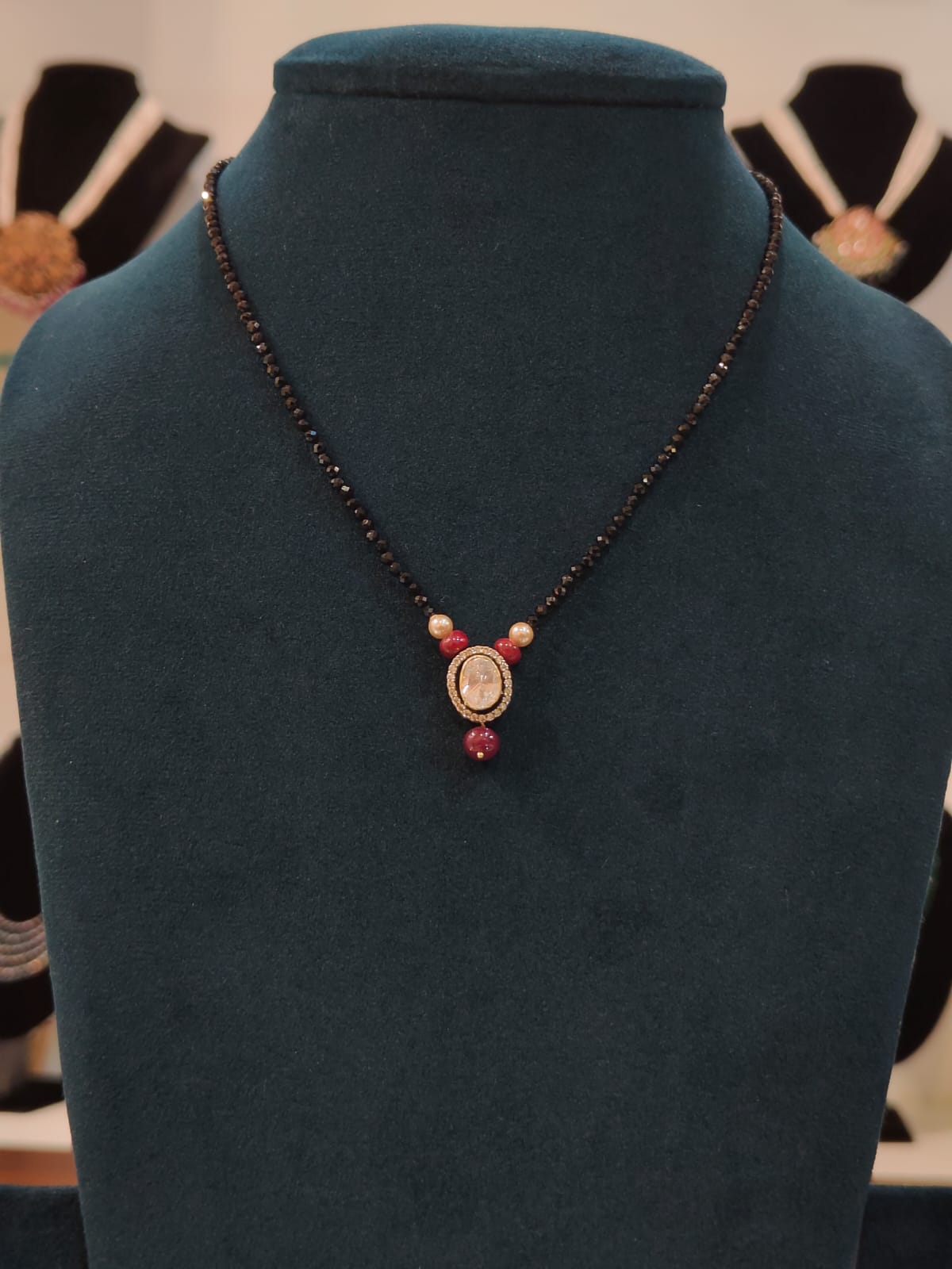 Black Beads With Victorian Oval Pendant 